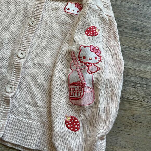 Hello Kitty Cardigan Strawberry Milk Skimmer Sweater Knit Patch Sanrio XL - Picture 3 of 10